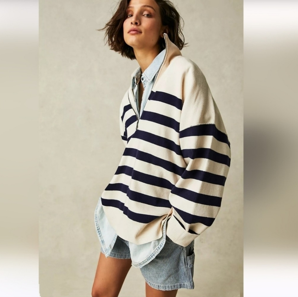 FREE PEOPLE Coastal Navy Cream Navy Striped Half Zip Pullover NWT